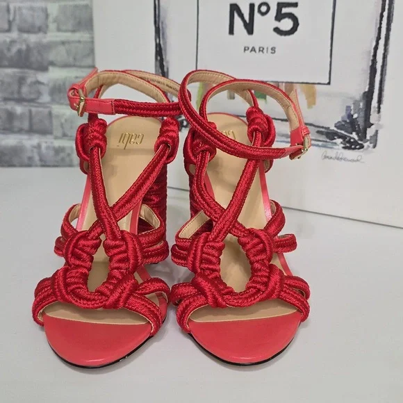 CAbi Tip Toe Red Rope Strappy Block Heel Ankle Strap Sandals Size 7 Style 6012 - Picture 2 of 13